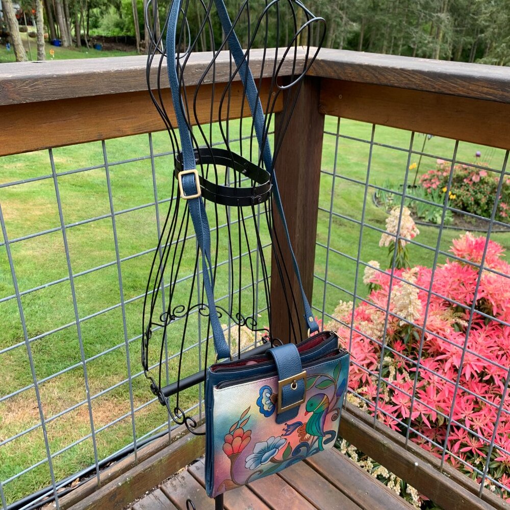 Anuschka Crossbody Hand-Painted Leather Flower and Bird Handbag - Picture 3 of 15